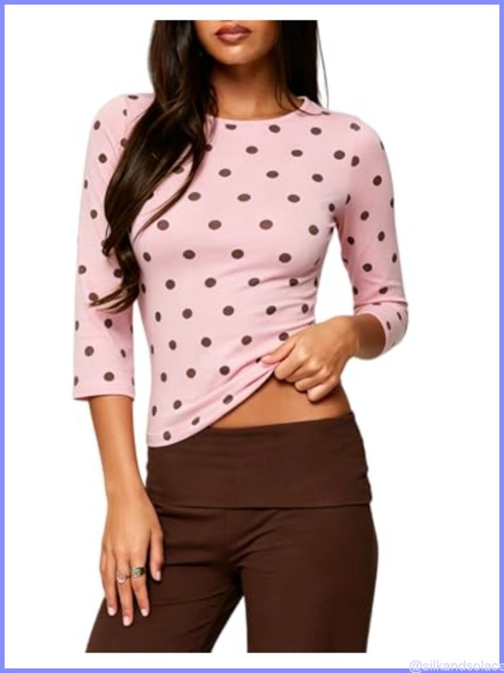 Women Polka Dot 3/4 Sleeve Fitted Undershirt Crew Neck Slim Fit Top
